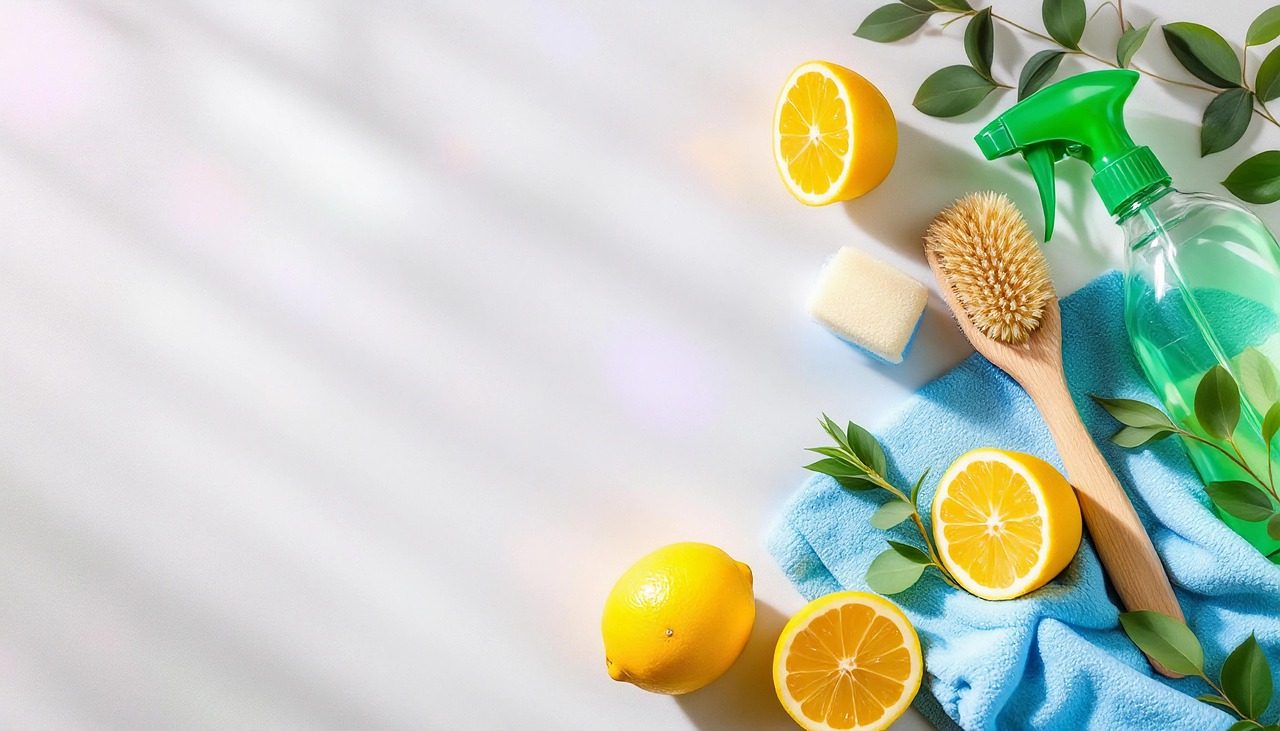 ai generated, cleaning, cleaning supplies, eco-friendly, natural, lemons, spray bottle, brush, towel, lemon cleaning, fresh, environment-friendly